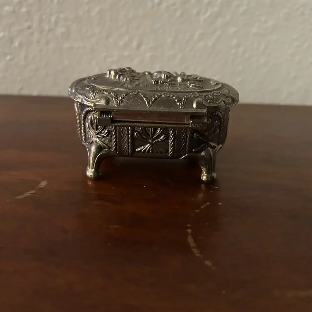 VTG English Silver Tone Jewelry Box Footed Lined Ornate Courting Patina Raised